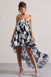 Monochrome Floral Chiffon Bandeau High-Low Ruffled Maxi Dress